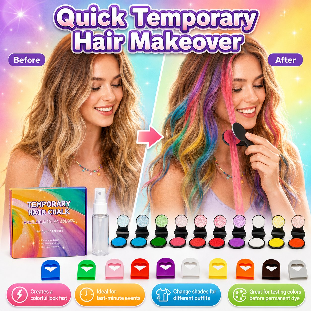 🔥Last Day 46% OFF - 🌈12-Color Temporary Hair Chalk Applicator Set