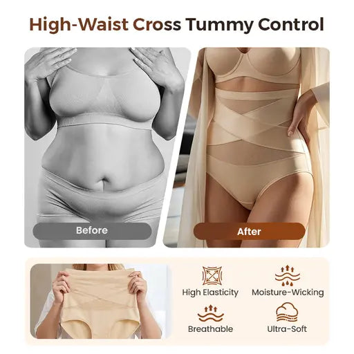 High Waist Tummy Control Breathable Mesh Cross Seamless Hip Lifting Briefs