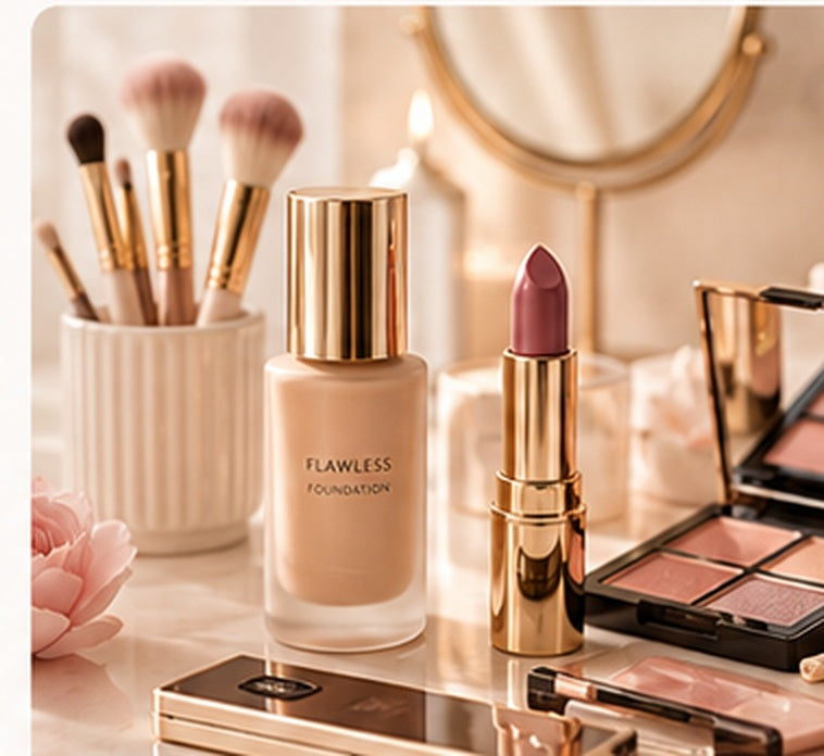 Luxury makeup collection with foundation, lipstick, brushes and palette