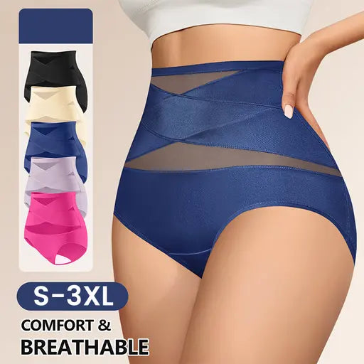 High Waist Tummy Control Breathable Mesh Cross Seamless Hip Lifting Briefs