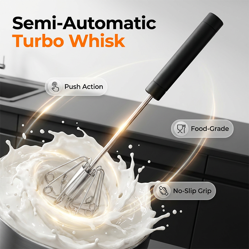 🍰⚡ Semi-automatic stainless steel hand whisk –🥄 Push-button design that creates perfect foam in minutes 🥛